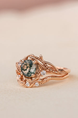 Bridal ring set in rose gold with natural round moss agate and accent diamonds / Undina - Eden Garden Jewelry™