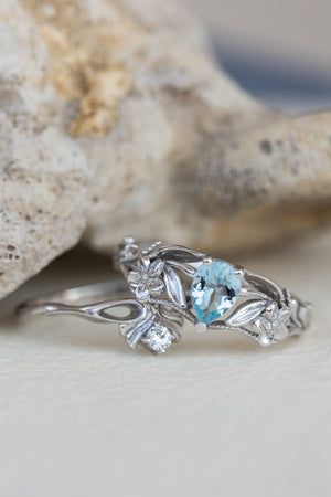 Natural aquamarine engagement ring set, art nouveau flower bridal ring set / Eloise - Eden Garden Jewelry™