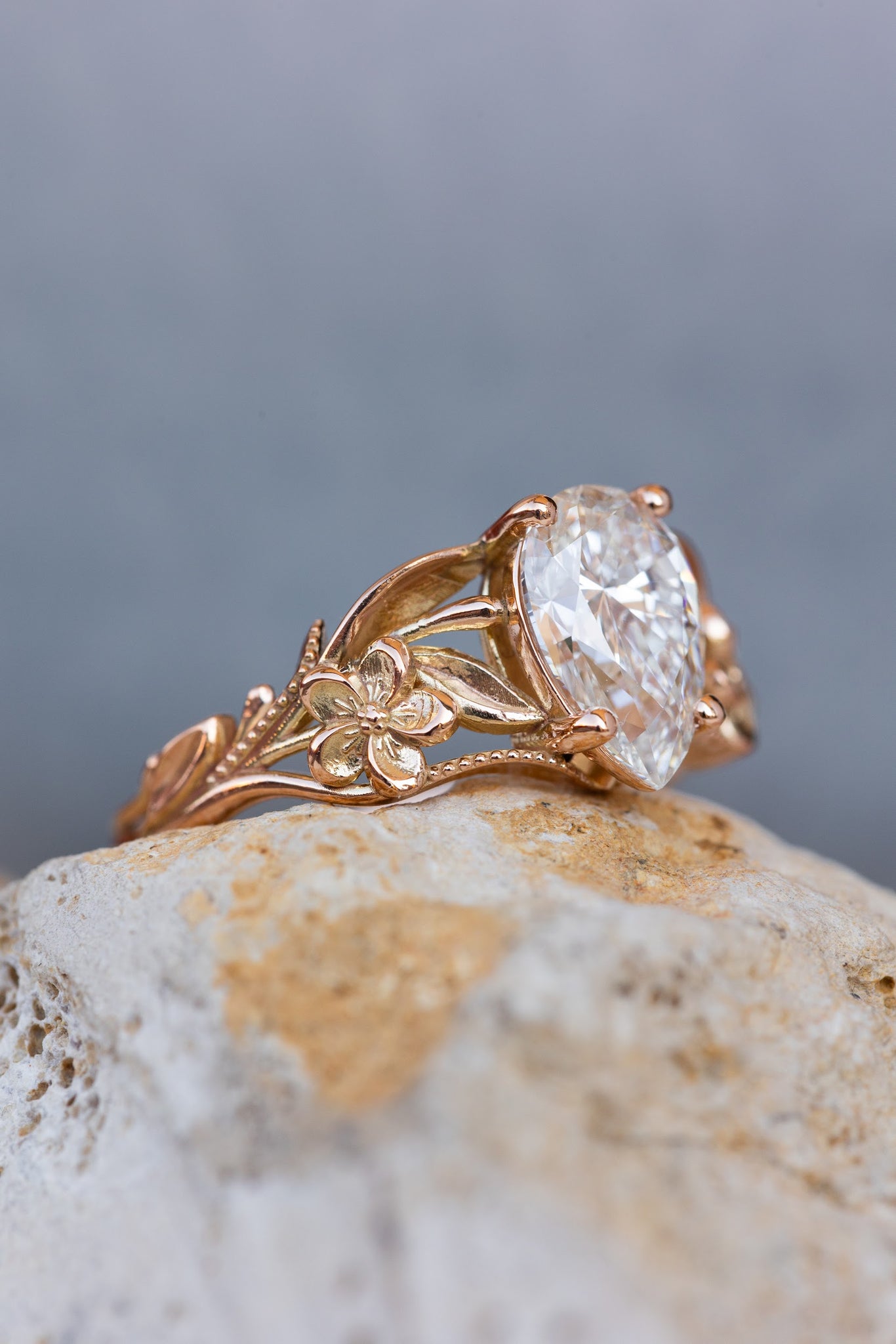 Big lab grown diamond engagement ring, rose gold flower promise ring / Eloise - Eden Garden Jewelry™