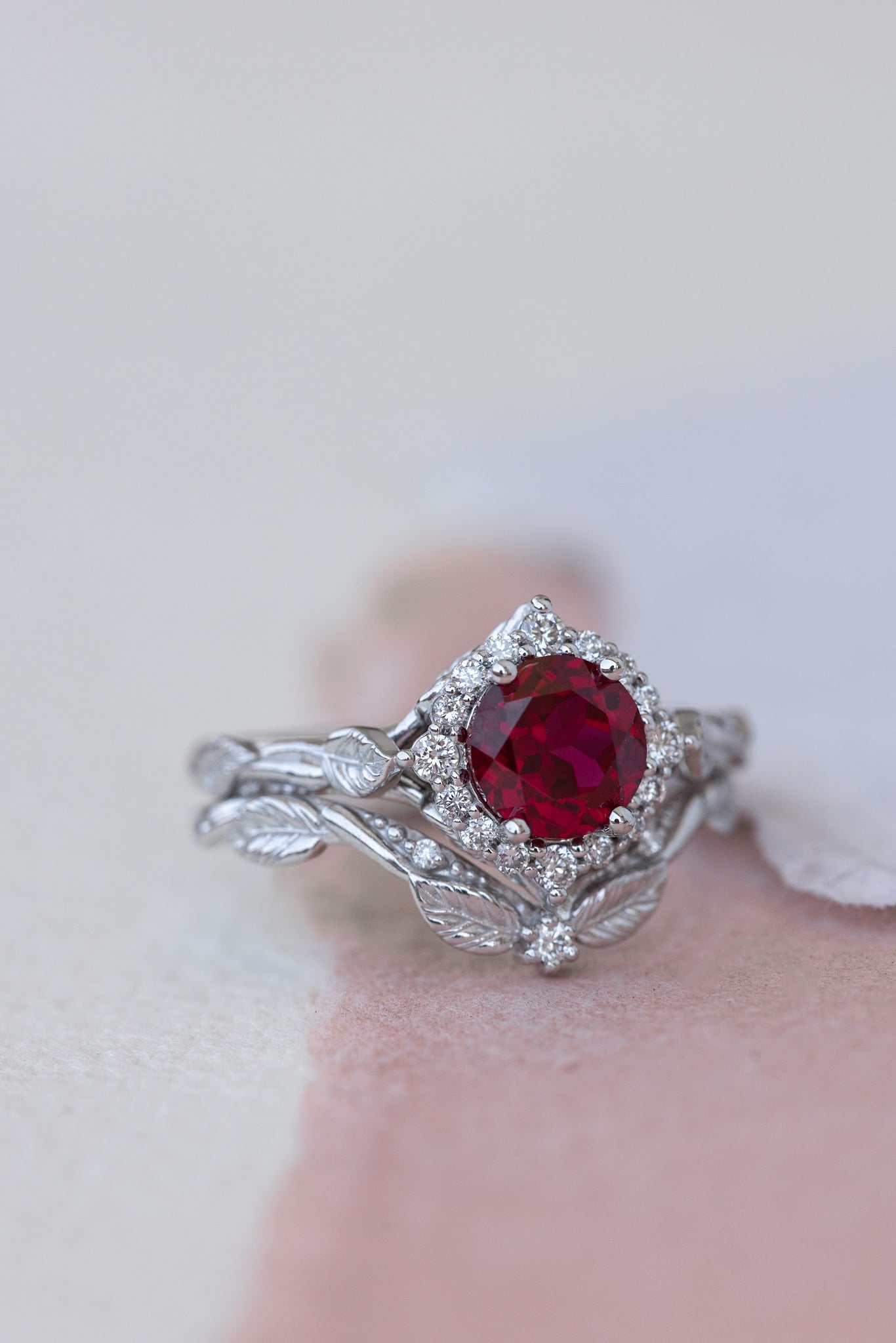 Lab ruby and diamond halo bridal ring set, nature inspired white gold stacking rings / Florentina - Eden Garden Jewelry™