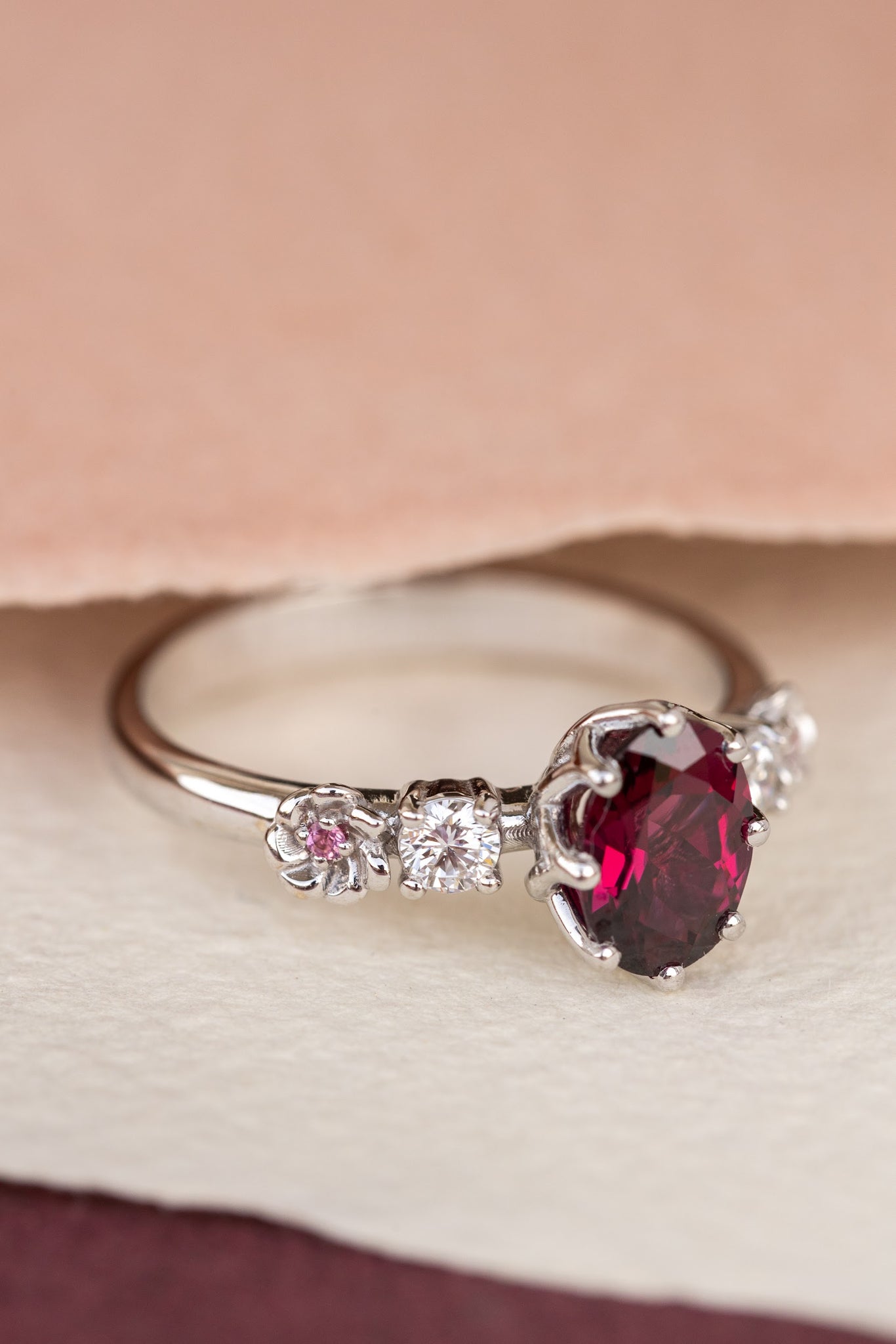 Rhodolite garnet engagement ring, white gold flower ring with diamonds and tourmalines / Fiorella - Eden Garden Jewelry™