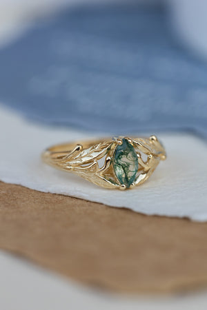 Rutile moss agate engagement ring, gold ring with marquise cut gemstone / Wisteria - Eden Garden Jewelry™