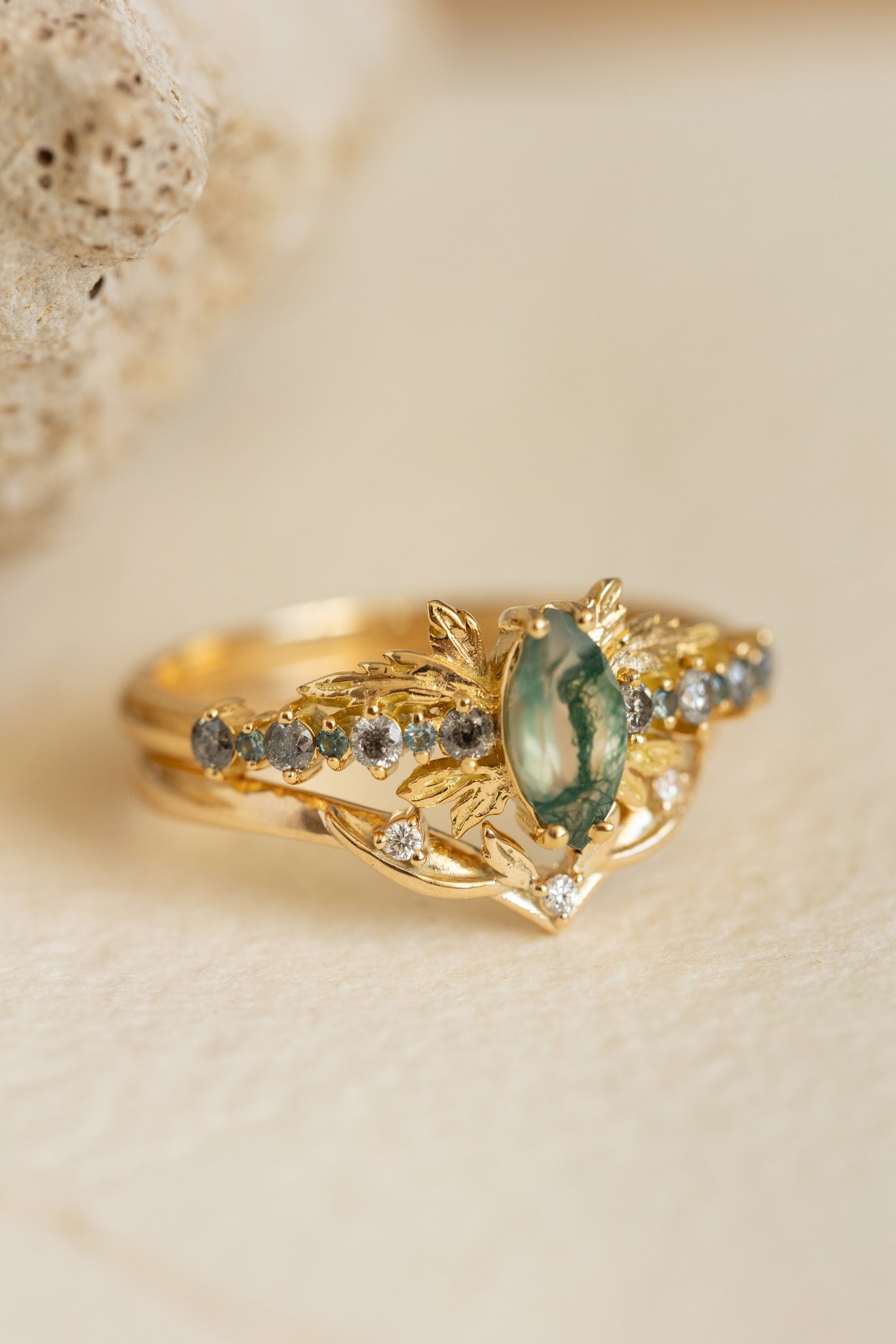 Marquise moss agate bridal ring set with salt&pepper diamonds and teal sapphires / Verbena - Eden Garden Jewelry™