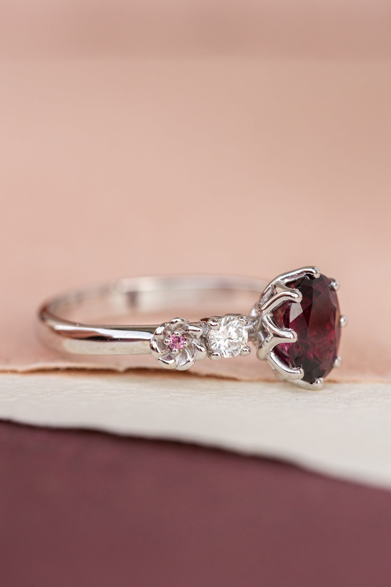 Rhodolite garnet engagement ring, white gold flower ring with diamonds and tourmalines / Fiorella - Eden Garden Jewelry™