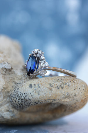 Flower design engagement ring set with lab sapphire, marquise cut gemstone bridal ring set / Iris - Eden Garden Jewelry™