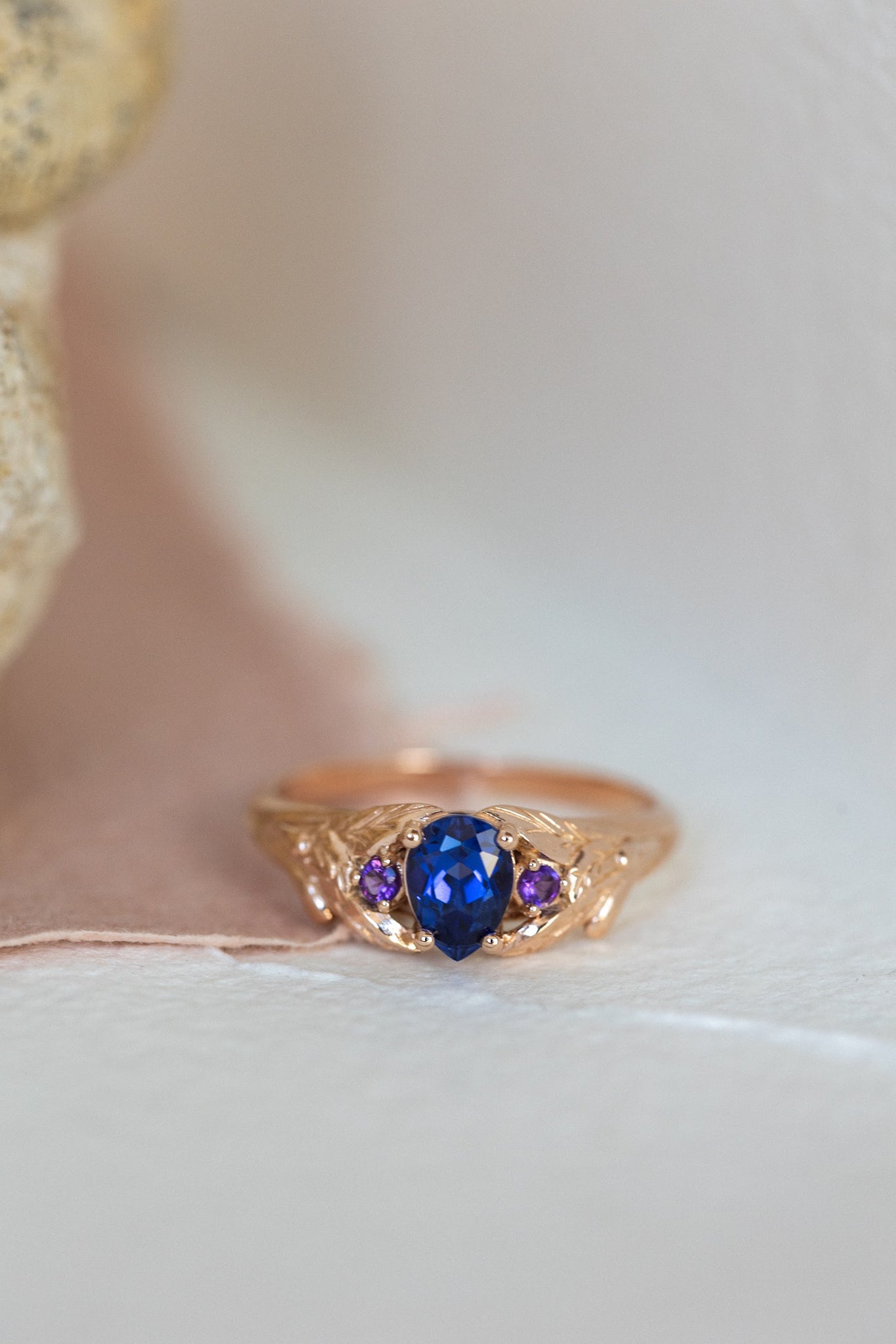 Lab blue sapphire engagement ring with side natural amethysts / Wisteria - Eden Garden Jewelry™