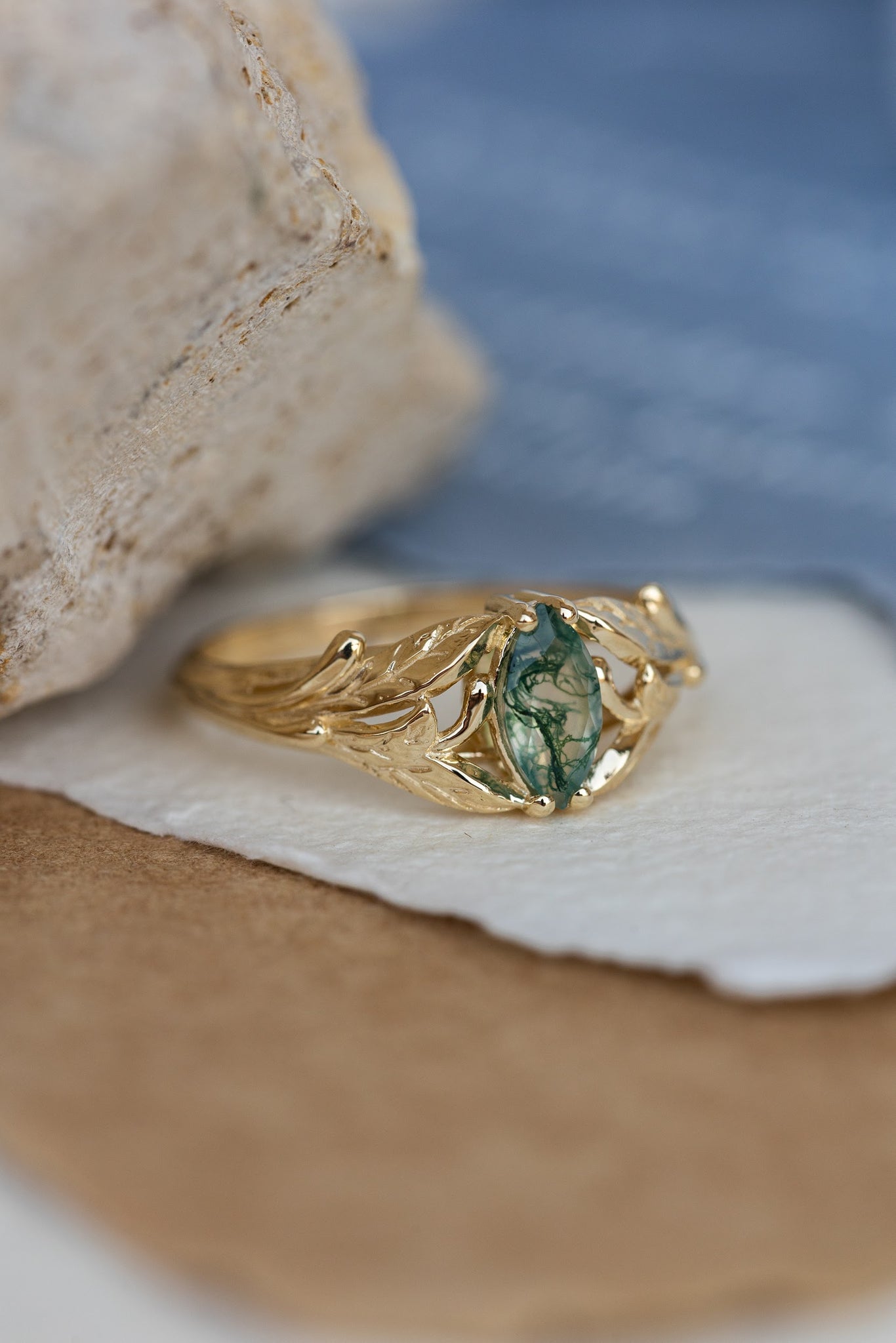 Rutile moss agate engagement ring, gold ring with marquise cut gemstone / Wisteria - Eden Garden Jewelry™