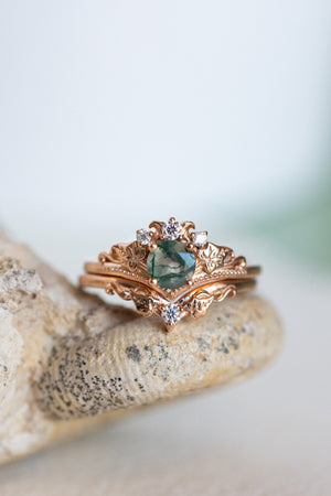 READY TO SHIP: Ariadne bridal ring set in 14K or 18K rose gold, natural moss agate 5 mm, accents moissanites, AVAILABLE RING SIZES: 4.5-11US - Eden Garden Jewelry™