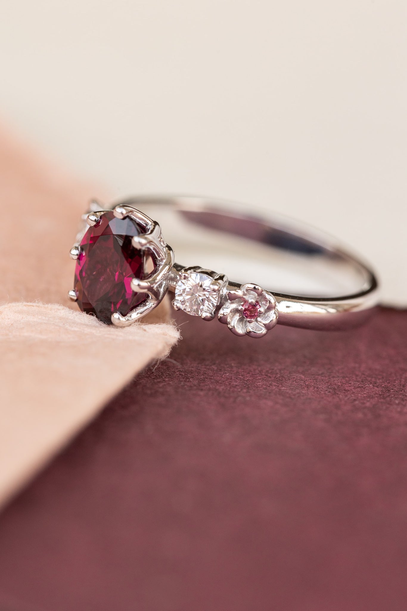 Rhodolite garnet engagement ring, white gold flower ring with diamonds and tourmalines / Fiorella - Eden Garden Jewelry™