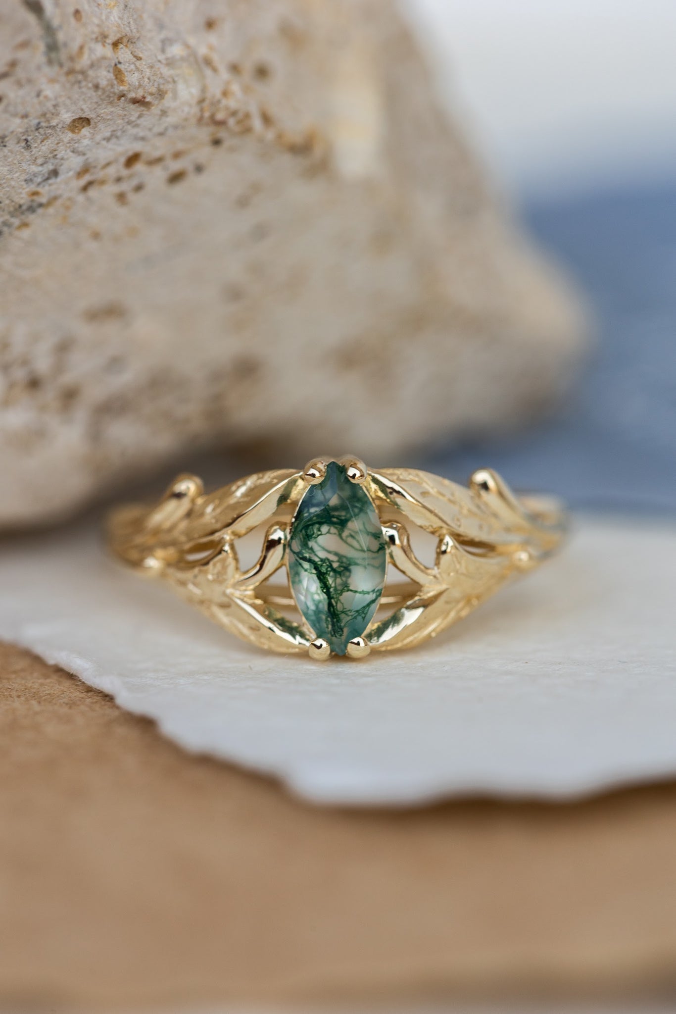 Rutile moss agate engagement ring, gold ring with marquise cut gemstone / Wisteria - Eden Garden Jewelry™