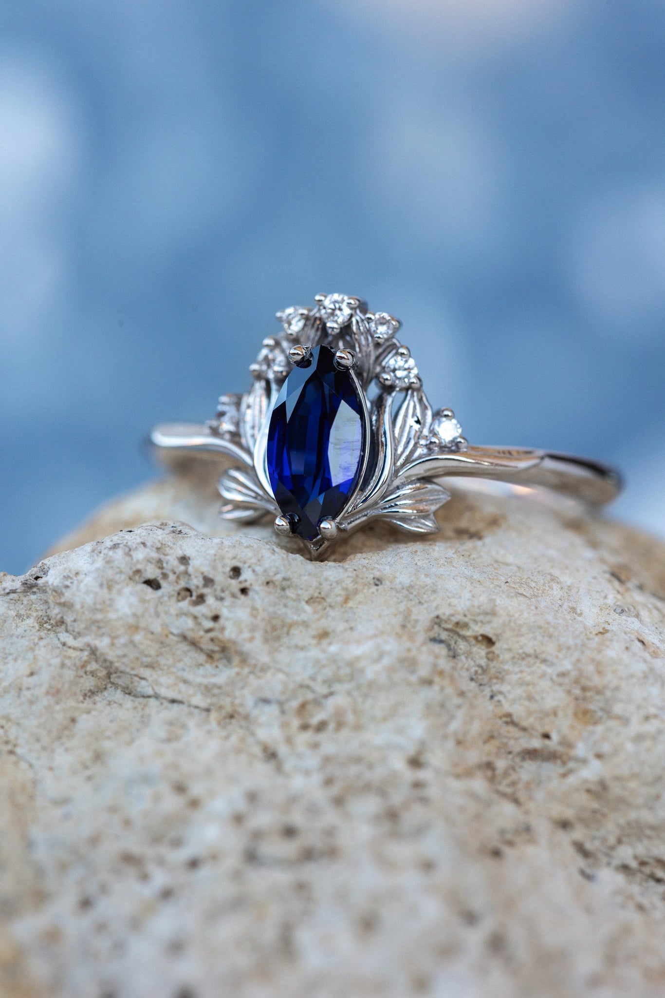 Lab blue sapphire engagement ring, iris flower gold ring with sapphire and diamonds / Iris - Eden Garden Jewelry™