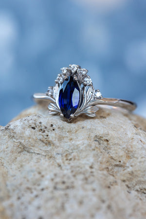 Lab blue sapphire engagement ring, iris flower gold ring with sapphire and diamonds / Iris - Eden Garden Jewelry™