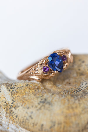 Lab blue sapphire engagement ring with side natural amethysts / Wisteria - Eden Garden Jewelry™