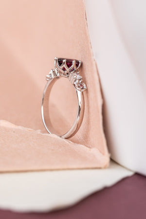 Rhodolite garnet engagement ring, white gold flower ring with diamonds and tourmalines / Fiorella - Eden Garden Jewelry™