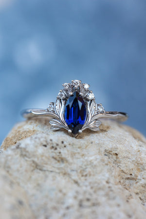 Lab blue sapphire engagement ring, iris flower gold ring with sapphire and diamonds / Iris - Eden Garden Jewelry™