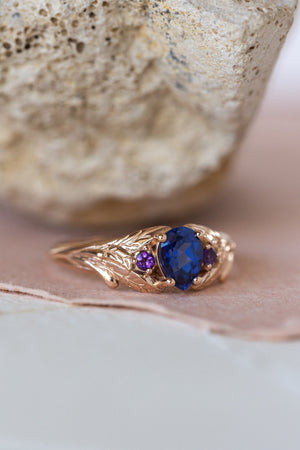 Lab blue sapphire engagement ring with side natural amethysts / Wisteria - Eden Garden Jewelry™