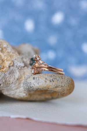 READY TO SHIP: Ariadne bridal ring set in 14K or 18K rose gold, natural moss agate 5 mm, accents moissanites, AVAILABLE RING SIZES: 4.5-11US - Eden Garden Jewelry™