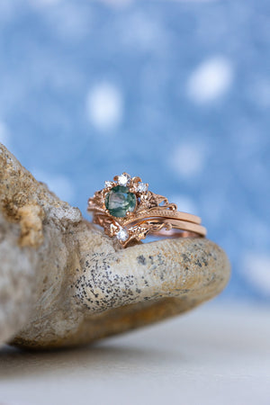 READY TO SHIP: Ariadne bridal ring set in 14K or 18K rose gold, natural moss agate 5 mm, accents moissanites, AVAILABLE RING SIZES: 4.5-11US - Eden Garden Jewelry™