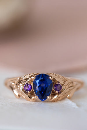 Lab blue sapphire engagement ring with side natural amethysts / Wisteria - Eden Garden Jewelry™