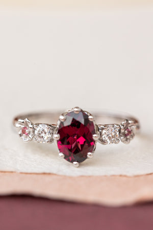 Rhodolite garnet engagement ring, white gold flower ring with diamonds and tourmalines / Fiorella - Eden Garden Jewelry™