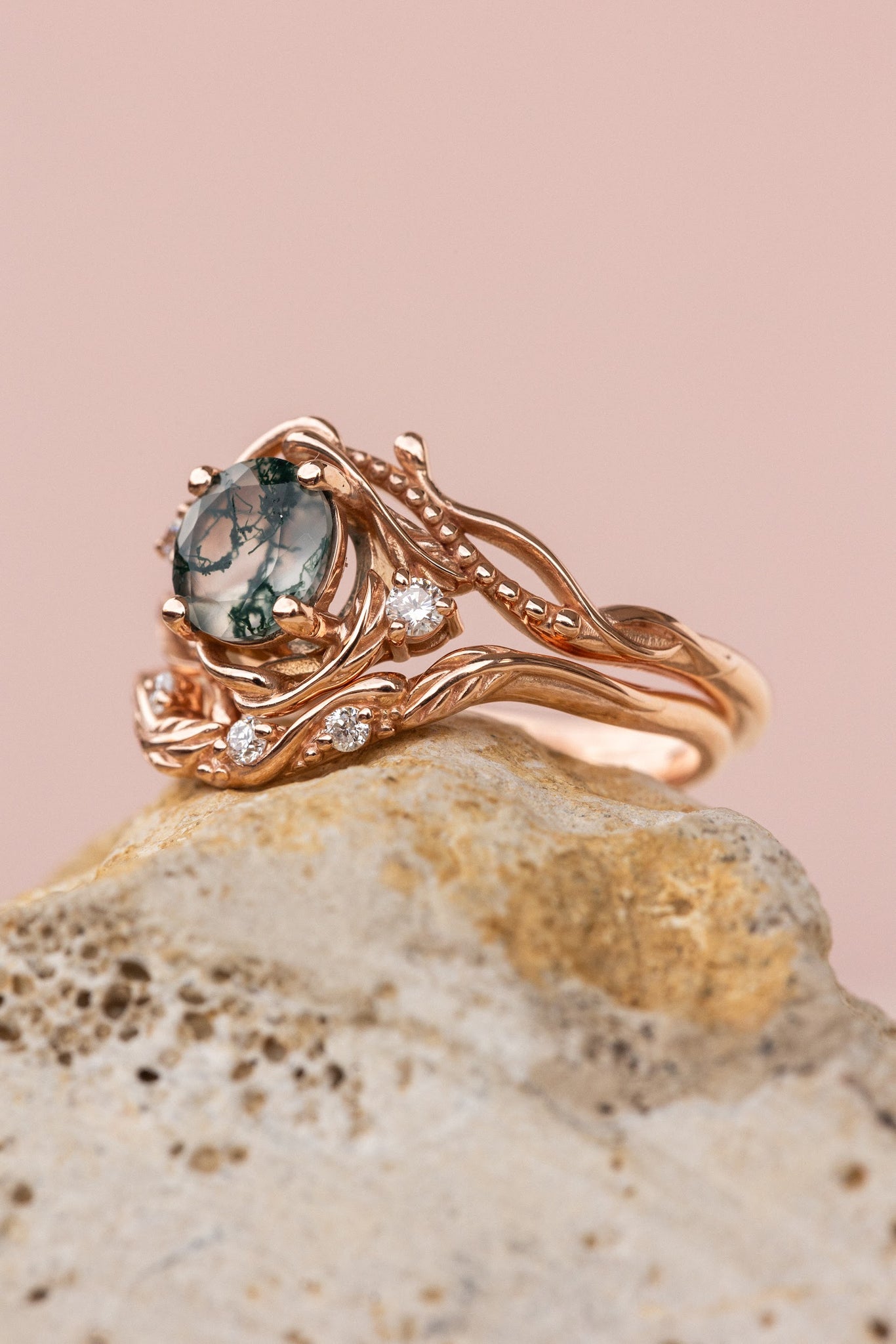 Bridal ring set in rose gold with natural round moss agate and accent diamonds / Undina - Eden Garden Jewelry™