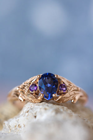 Lab blue sapphire engagement ring with side natural amethysts / Wisteria - Eden Garden Jewelry™