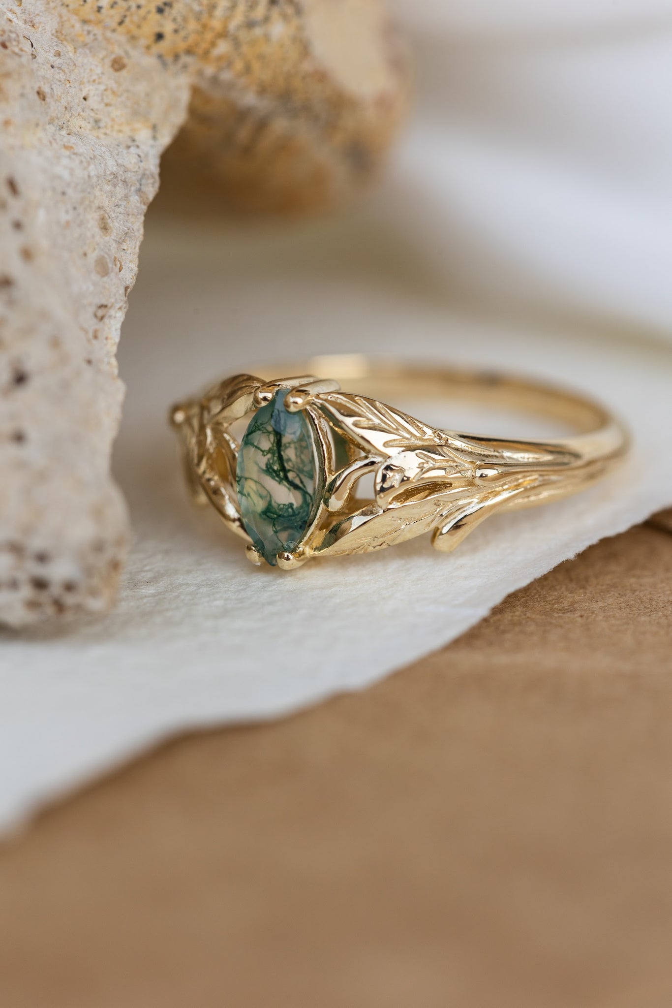 Rutile moss agate engagement ring, gold ring with marquise cut gemstone / Wisteria - Eden Garden Jewelry™