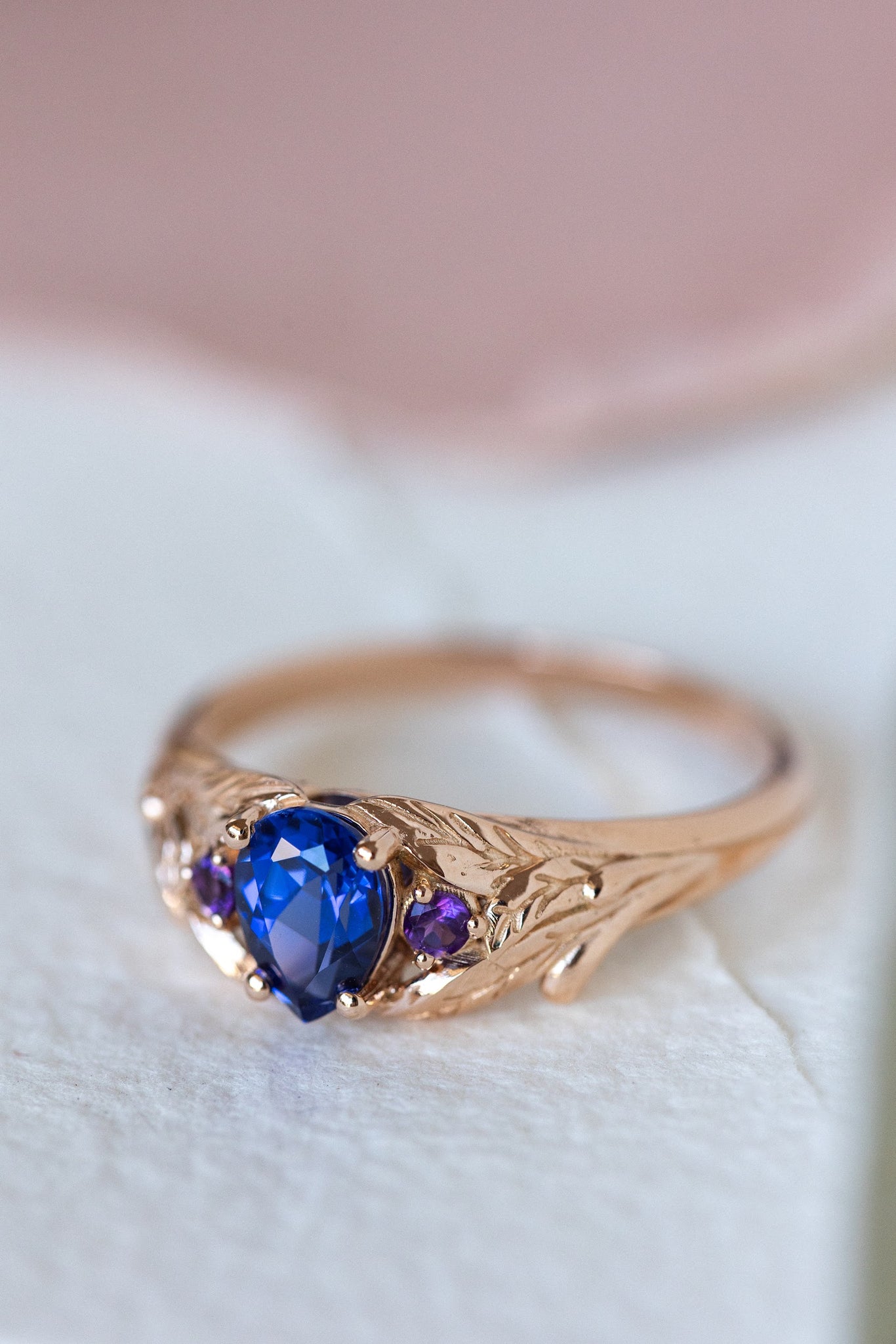 Lab blue sapphire engagement ring with side natural amethysts / Wisteria - Eden Garden Jewelry™