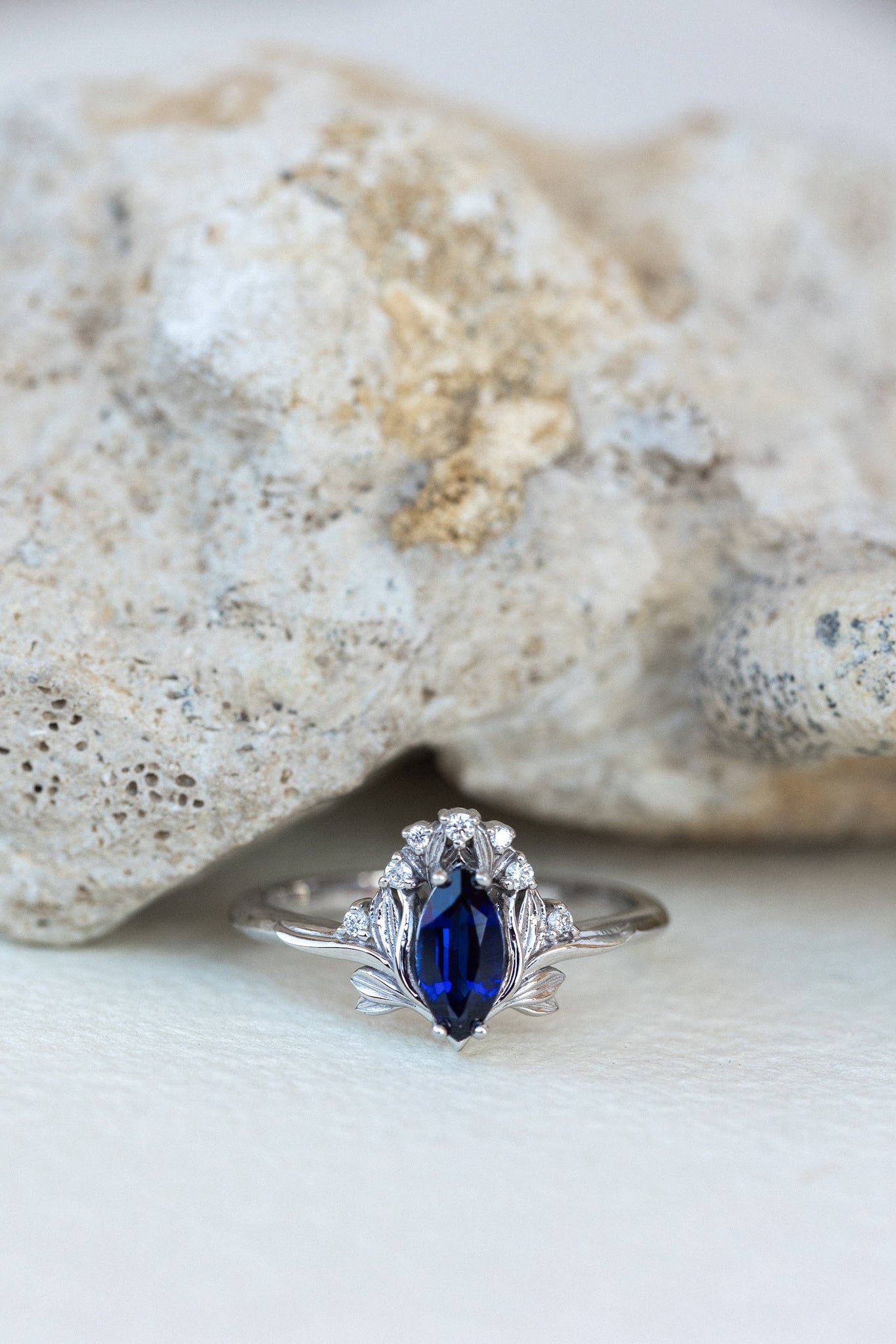 Flower design engagement ring set with lab sapphire, marquise cut gemstone bridal ring set / Iris - Eden Garden Jewelry™