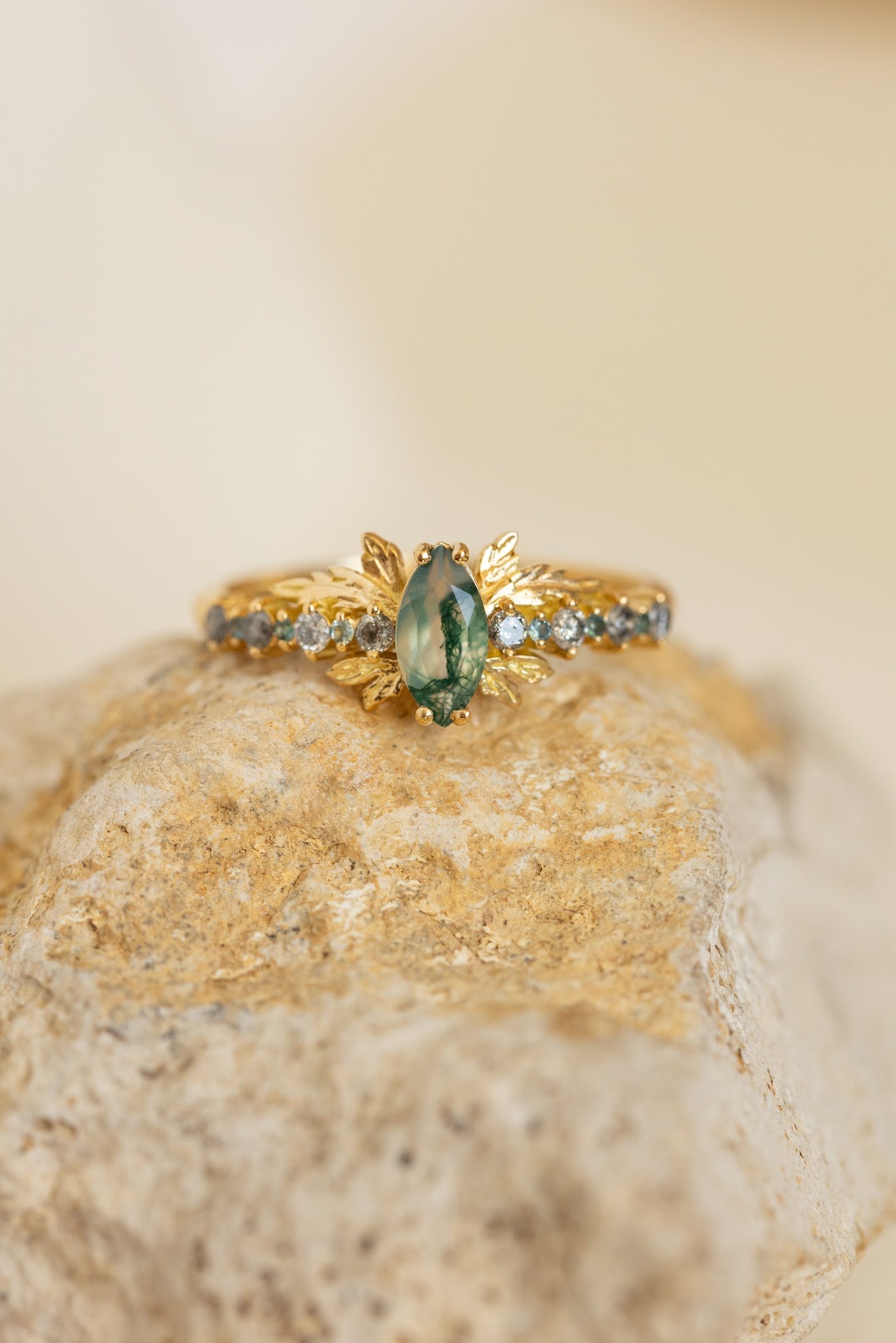 Marquise moss agate bridal ring set with salt&pepper diamonds and teal sapphires / Verbena - Eden Garden Jewelry™