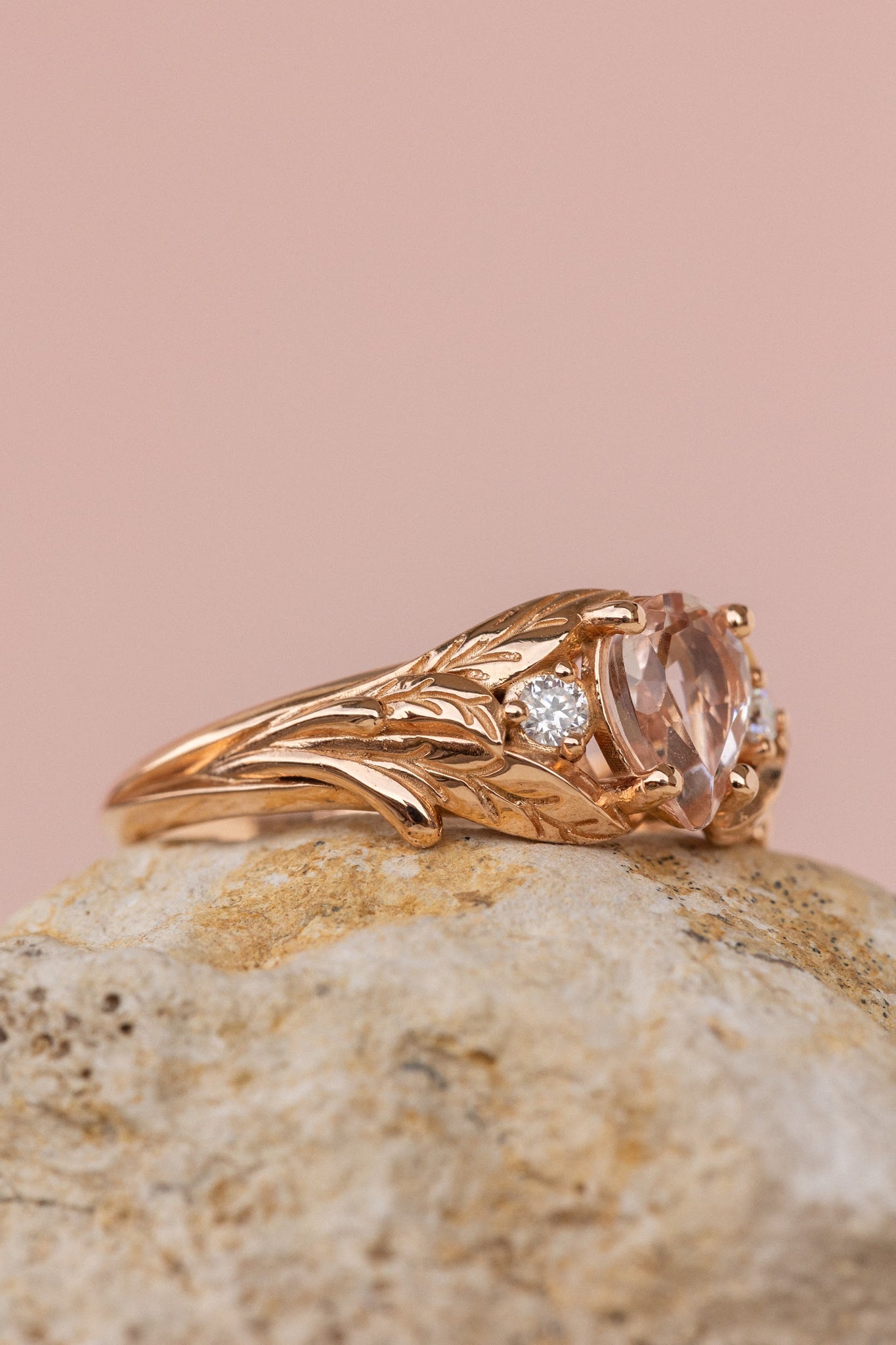 Morganite and side diamonds engagement ring, nature inspired gold proposal ring  / Wisteria - Eden Garden Jewelry™