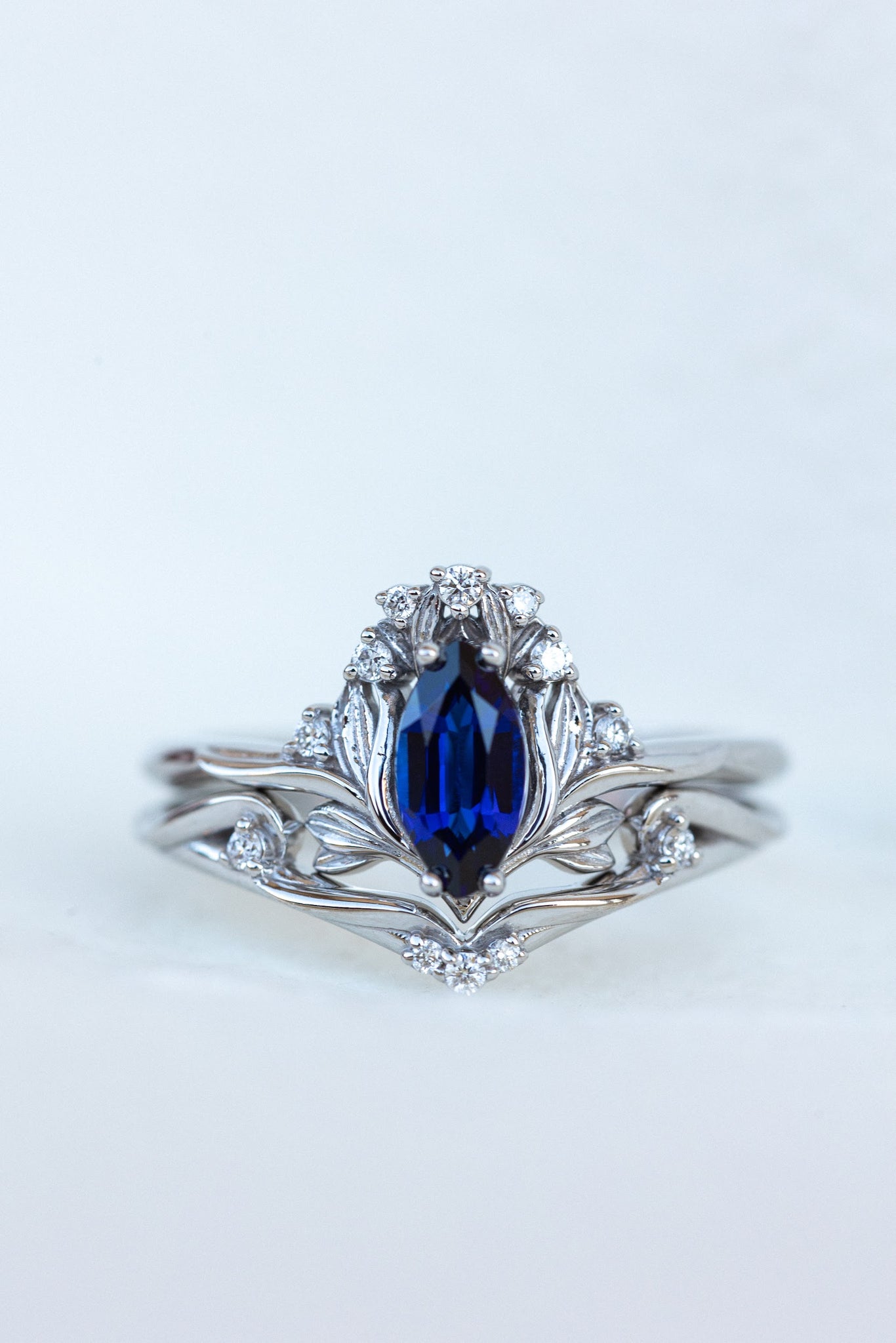 Flower design engagement ring set with lab sapphire, marquise cut gemstone bridal ring set / Iris - Eden Garden Jewelry™