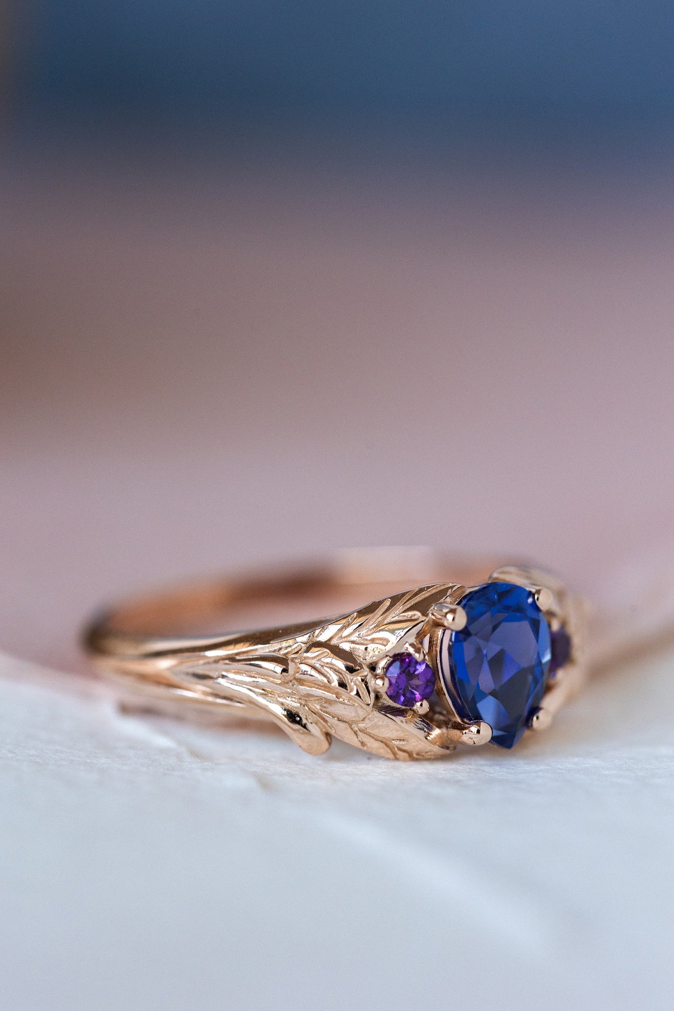 Lab blue sapphire engagement ring with side natural amethysts / Wisteria - Eden Garden Jewelry™