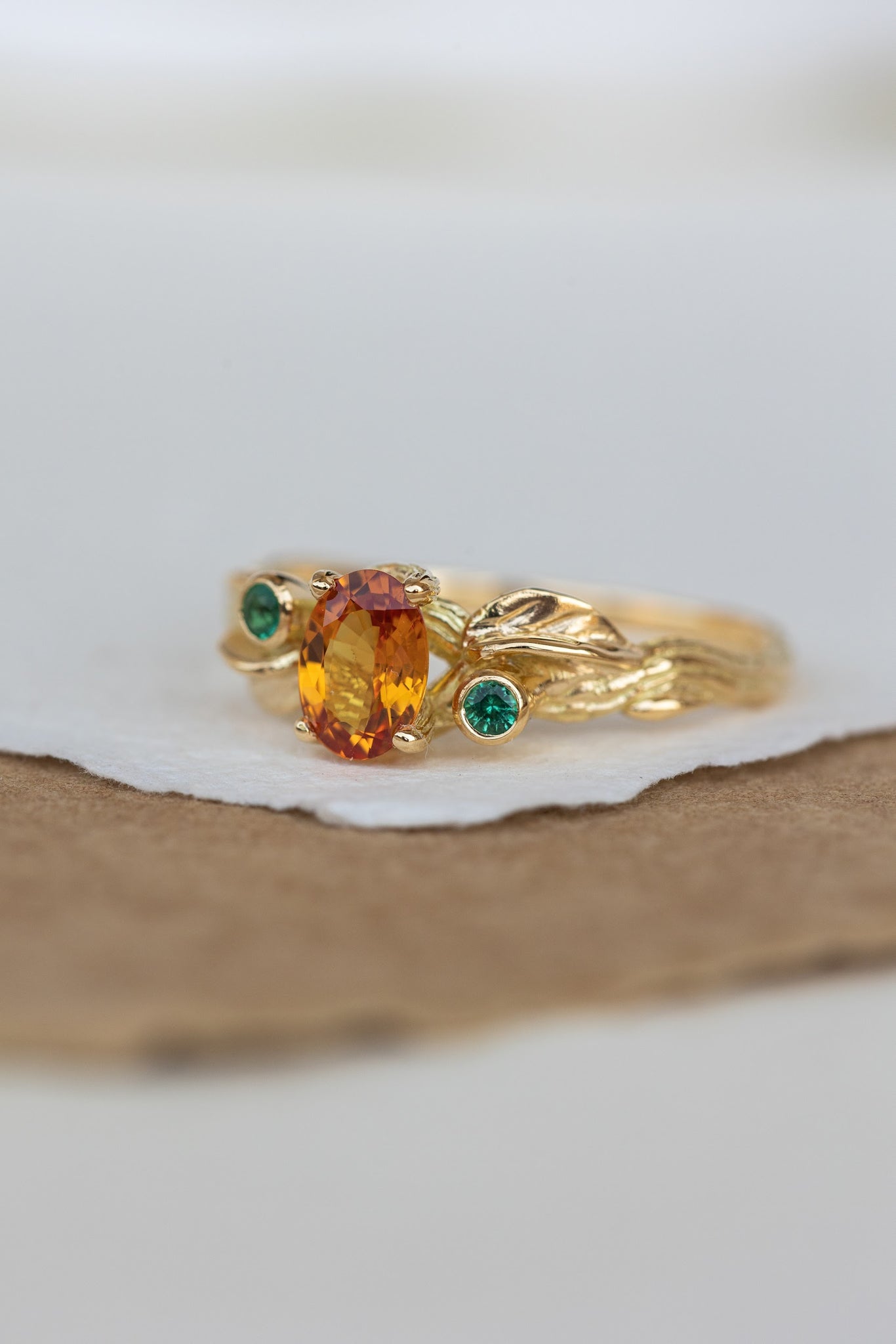 Genuine orange sapphire and natural emeralds branch engagement ring / Arius - Eden Garden Jewelry™