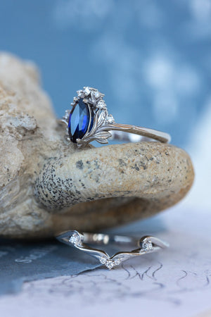 Lab blue sapphire engagement ring, iris flower gold ring with sapphire and diamonds / Iris - Eden Garden Jewelry™