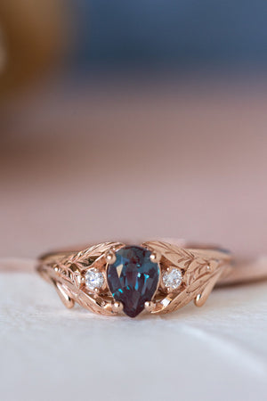 Colour changing alexandrite engagement ring with accent diamonds, gold leaf proposal ring / Wisteria - Eden Garden Jewelry™