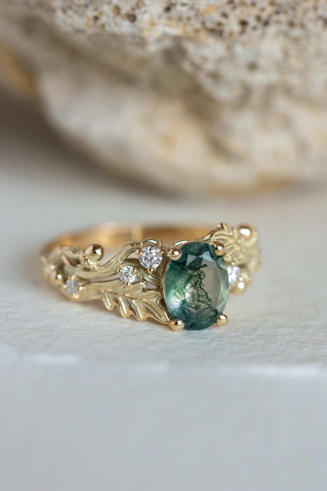 Moss agate engagement ring, gold oak leaves and diamonds proposal ring / Silviya - Eden Garden Jewelry™