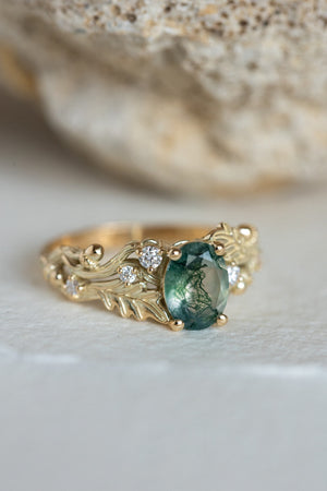 Moss agate engagement ring, gold oak leaves and diamonds proposal ring / Silviya - Eden Garden Jewelry™