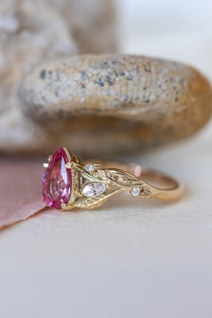 Natural pink spinel engagement ring, gold nature inspired engagement ring with leaves and diamonds / Patricia - Eden Garden Jewelry™