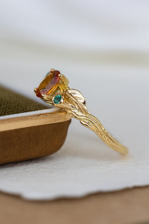 Genuine orange sapphire and natural emeralds branch engagement ring / Arius - Eden Garden Jewelry™