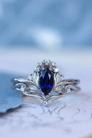 Lab blue sapphire engagement ring, iris flower gold ring with sapphire and diamonds / Iris - Eden Garden Jewelry™