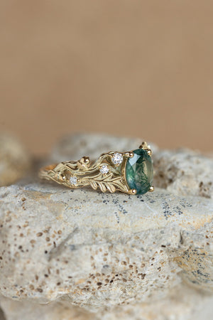 Moss agate engagement ring, gold oak leaves and diamonds proposal ring / Silviya - Eden Garden Jewelry™