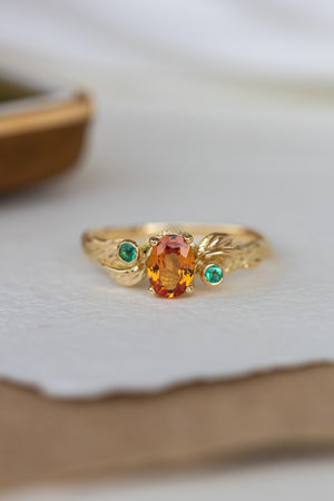 Genuine orange sapphire and natural emeralds branch engagement ring / Arius - Eden Garden Jewelry™