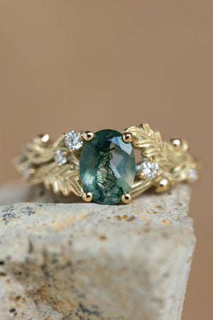 Moss agate engagement ring, gold oak leaves and diamonds proposal ring / Silviya - Eden Garden Jewelry™