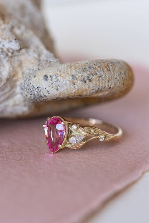 Natural pink spinel engagement ring, gold nature inspired engagement ring with leaves and diamonds / Patricia - Eden Garden Jewelry™