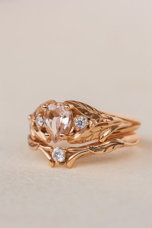 Natural rose morganite and side diamonds rose gold bridal ring set / Wisteria - Eden Garden Jewelry™