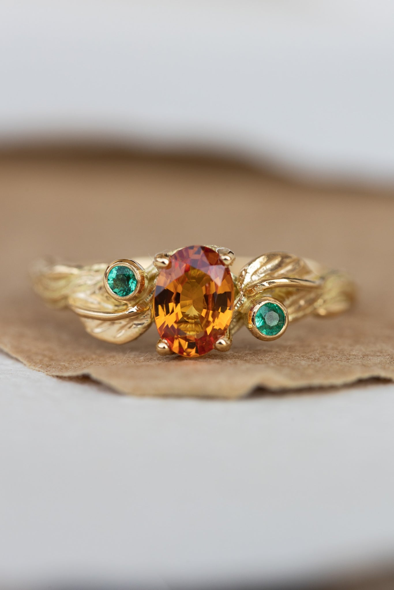 Genuine orange sapphire and natural emeralds branch engagement ring / Arius - Eden Garden Jewelry™