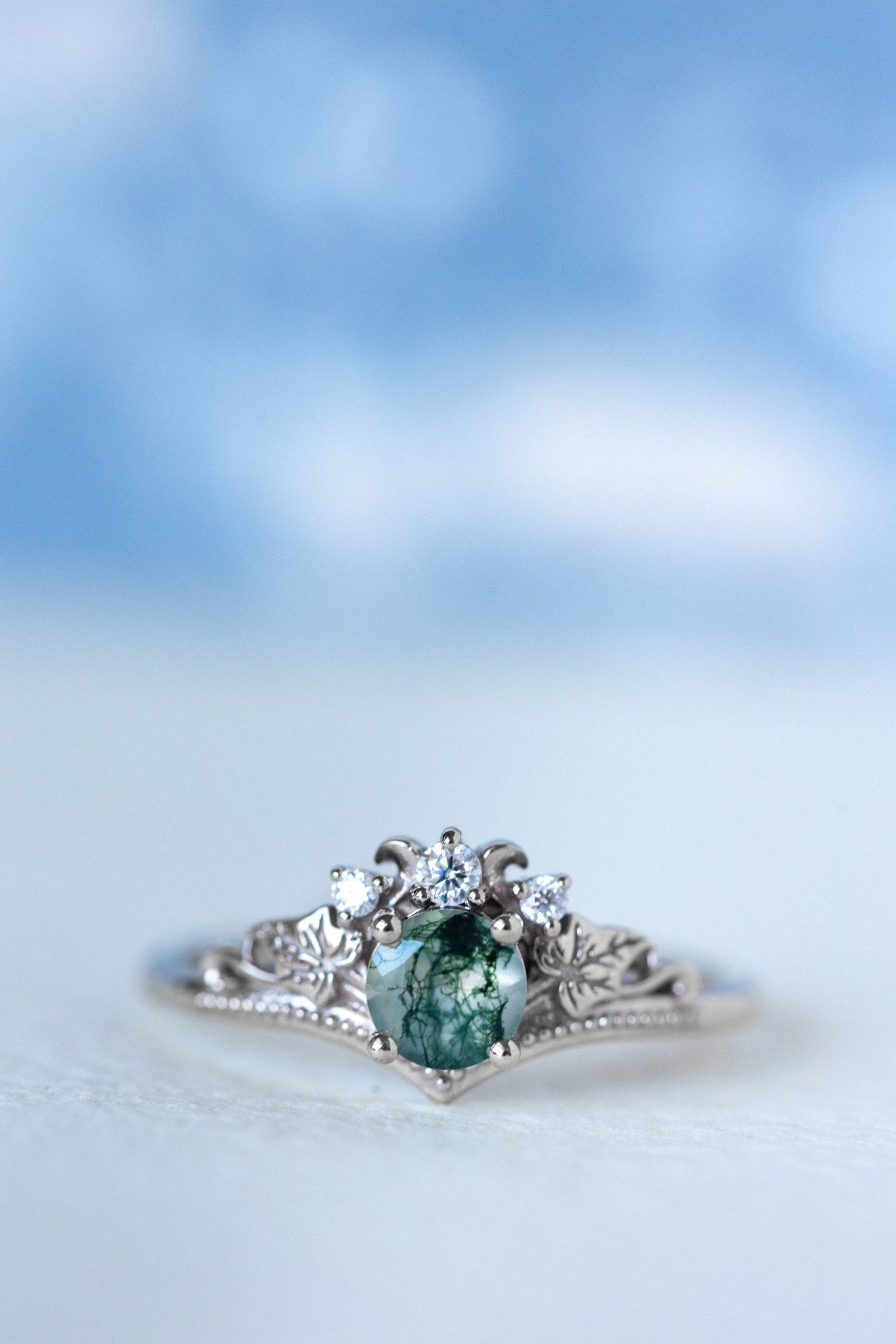 READY TO SHIP: Ariadne bridal ring set in 14K or 18K white gold, natural moss agate 5 mm, accents moissanites, AVAILABLE RING SIZES: 6-11US - Eden Garden Jewelry™