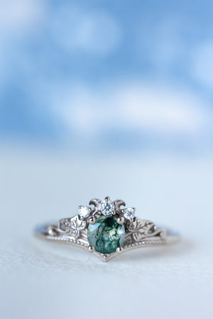 READY TO SHIP: Ariadne bridal ring set in 14K or 18K white gold, natural moss agate 5 mm, accents moissanites, AVAILABLE RING SIZES: 6-11US - Eden Garden Jewelry™