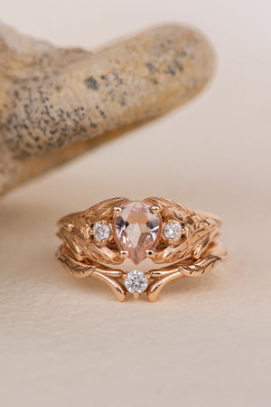 Natural rose morganite and side diamonds rose gold bridal ring set / Wisteria - Eden Garden Jewelry™